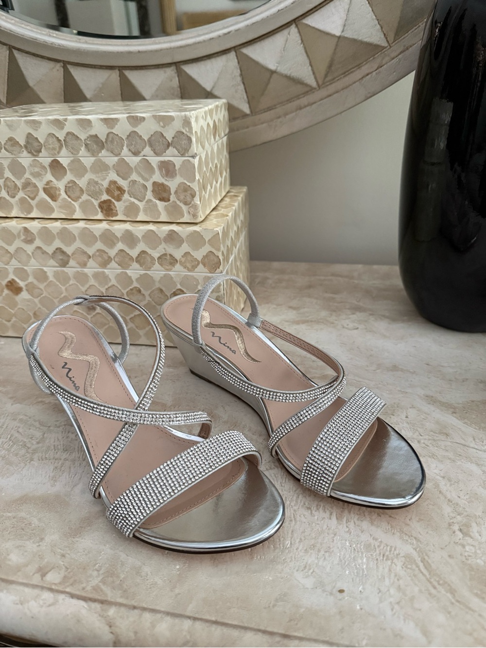 Nina Silver Rhinestone Slingback Wedge Sandals